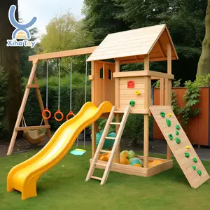 西哈热销新款木屋户外儿童游乐设备幼儿园木制攀爬套装滑梯秋千