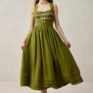 Vestido de Playa con Cinturón, Sin Mangas, Cuello con Lazo, Elegante Vestido Midi de Lino, Vestido Casual de Verano para Mujer, Precio al por Mayor - Product Image 1