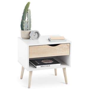 طاولة بجانب السرير منزلية-طاولة سكندي بيضاء وخشبيبة-منصة نوم حديثة مع درج ورف للتخزين - Product Image 2