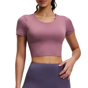 Haut de yoga pour femme à manches courtes, coupe ajustée, en nylon et élasthanne, séchage rapide, sensation seconde peau, avec soutien-gorge intégré, idéal pour la gym, le yoga, la course et le fitness - Product Image 5