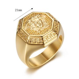 Men's Octagonal <b>Titanium</b> Steel <b>Ring</b> Golden With Woman Head Design Hip Hop Jewelry Gift - Product Image 5
