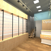 Conception de décoration intérieure de magasin de lunettes de soleil optiques modernes, présentoirs sur pied multi-niveaux en bois personnalisés avec éclairage LED et comptoir de réception