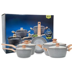 Juego de 5 piezas con tapas de vidrio, mangos de madera, apto para horno, diseño moderno para estufas de gas e inducción, juego de utensilios de cocina de cerámica antiadherentes. - Product Image 2