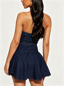 Nouvelle collection été 2026 : Mini-robe trapèze style Spicy Girl, épaules dénudées, bustier, couleur unie, jupe en jean pour <span class=keywords><strong>femme</strong></span> - Product Image 6