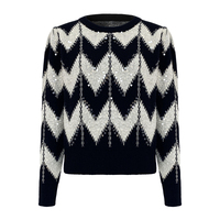 Pull en maille à col rond pour femme, imprimé chevron, manches longues bouffantes, jacquard à sequins, motif noir et blanc, pull décontracté