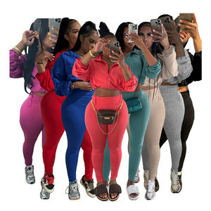 طقم ملابس خريفي مكون من قطعتين ملابس نسائية سادة بأكمام طويلة برباط مع سحاب معطف قصير + ليغنغ نحيف رياضي نسائي غير رسمي - Product Image 1