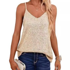 Women's <b>Sequined</b> Deep V Neck Sleeveless Loose Knitted Camisole <b>Top</b> Casual Style Gold - Product Image 1