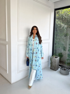 LEDUO Handmade Light Blue Ocean-Themed Printed Abaya with Classic Cut and <b>Matching</b> Shawl for Women - Product Image 2