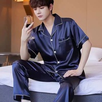 Ensemble de pyjamas en satin de soie pour homme, été, manches courtes, pantalon long, cardigan, vêtements de nuit, 2 pièces, col boutonné, vêtements de maison, respirant, pyjamas