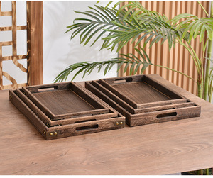 日本素朴な黒の長方形のpaulownia木製アフタヌーンティートレイセット木製装飾長方形サービングトレイ3個セット - Product Image 2