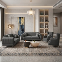 Canapé moderne 3 places en velours gris, rembourré en mousse, avec décorations en acier argenté, ensemble de canapés de luxe sur mesure 123 pour villa, ensemble de salon