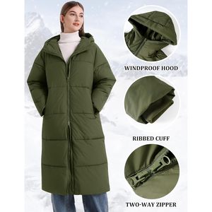 Manteau long matelassé à capuche pour femme, chaud et coupe-vent, avec fermeture éclair sur le devant, en duvet, manches longues, pour l'hiver - Product Image 6
