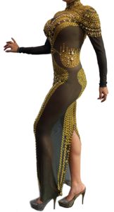 Nuovo <span class=keywords><strong>Abito</strong></span> Estivo 2022 Sexy con Diamanti Dorati, Spacco Posteriore, Halter, Maniche Lunghe, <span class=keywords><strong>Abito</strong></span> Formale per Matrimoni, Feste e Balli di Gala - Product Image 3