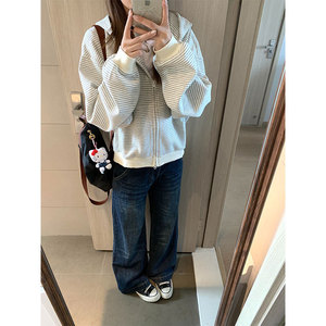 Gray And Pink Striped Hooded Sweatshirt Women Zipper Knitted Breathable Loose Fit Early Autumn 2025 New Style - Product Image 3