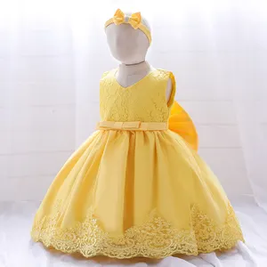 Nova Chegada Rendas Bebê Meninas Vestido Floral Crianças Elegante Vestido Preto Amarelo Mini Vestido de Festa Vestido De Baile Pouco Criança