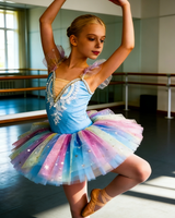 Robe de danse de ballet scintillante à sequins, col en V, jupe tutu en maille, manches bouffantes, robe de ballerine arc-en-ciel pour spectacle de danse pour enfants