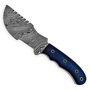Couteau de traqueur de chasse à lame fixe en acier damas personnalisable Micarta manche en bois de fer gaine en cuir de peau de vache OEM pour divers - Product Image 5
