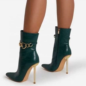 Winter Women <b>Shoes</b> Metal Decoration High Heel Gold Chain Stone Print Ankle Boots Side Zip Fashion Custom Big Size 43 - Product Image 3
