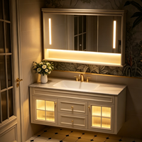 Ensemble de meubles de salle de bain de style français de luxe, armoire flottante blanche crème avec porte en verre cintrée et miroir LED intelligent, OEM ODM
