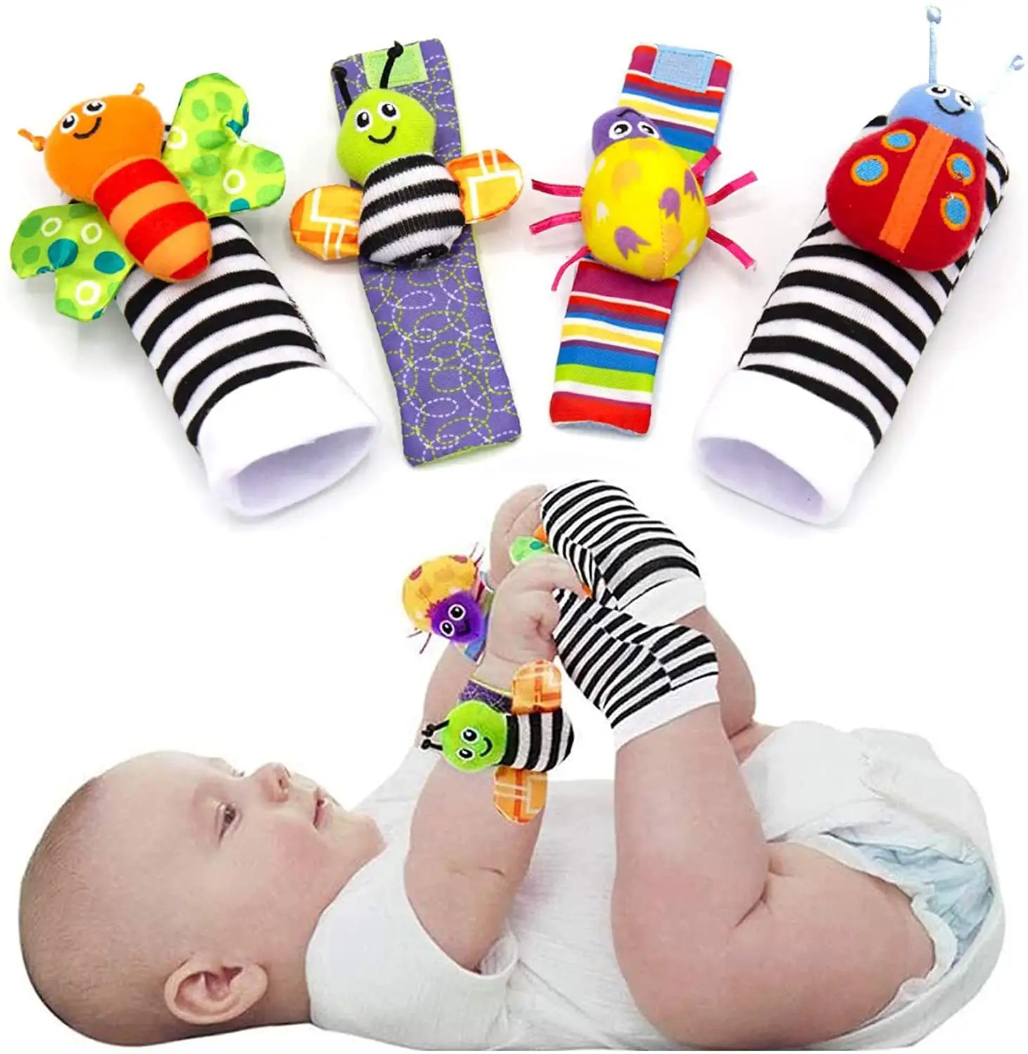 A527 4Pcs Baby Cartoon Cute Soft Wrist Strap Cotton Socks Toys Set Rattles Gift Wrist Rattles And Foot Finder For Toddler