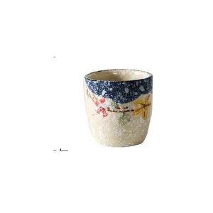Taza de sake japonesa antigua de cerámica pintada a mano, sombrero de bambú, flor de ciruela, tazas de té pequeñas baratas