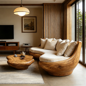 Canapé en bois courbé sur mesure haut de gamme, mobilier d'intérieur de luxe pour penthouse, texture en bois de teck de qualité supérieure, siège sculpté - Product Image 4