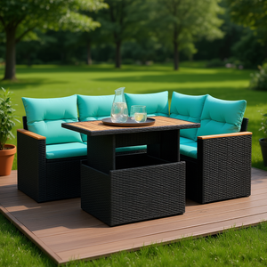Set di divani da giardino in polyrattan nero da 5 pezzi con cuscini, elegante set di mobili da giardino per 4 posti a sedere - Product Image 2