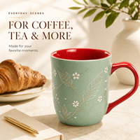 Tasse à café en céramique personnalisée vert sauge marbré avec motif floral doré, intérieur rouge, en porcelaine, pour la maison, le bureau ou comme cadeau