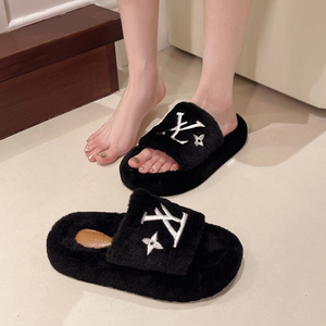 Trendy Plush Open-Toe <b>Slippers</b> Women Luxury Embroidered Fluffy Indoor Shoes Winter Warm Non-slip Thick Sole Cozy Home <b>Slippers</b> - Product Image 4