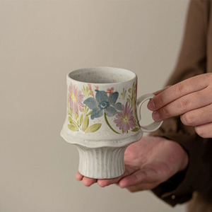 Tasse à café rétro française à motif floral, en terre cuite japonaise, avec glaçure sésame - Product Image 4