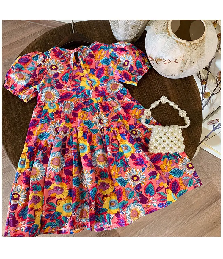 2023 New Stock Spanish Summer Vintage floral fashion children soft dress princess short-sleeved skirts sweet girls long dresses