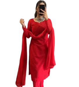 New Designer Punjabi Women Wear Indian Kurti Pant Dupatta Set Salwar Kameez Red Color Kurti Pant Dupatta Set Wholesale Price - Product Image 1