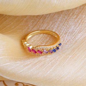 Simply Fashion แหวนเพชรสังเคราะห์สีรุ้งรูปขนมปังฝรั่งเศส,แหวนเงินสเตอร์ลิง925แหวนแฮนด์เมดชุบทอง18K สำหรับผู้หญิง - Product Image 4