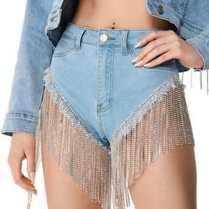 Shorts de Mezclilla de Alta Calidad con Pedrería, Cintura Alta, Lentejuelas y Flecos, para Mujer - Product Image 1