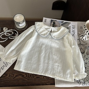 Elegante camicetta a maniche lunghe a righe bianche per il Design del colletto Peter Pan delle ragazze per le stagioni primaverili ed estive - Product Image 1