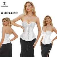 Corset victorien gothique pour femme, noir et blanc, avec 6 fermetures à agrafes sur le devant, volants en dentelle, tailles S-2XL, avec 12 baleines en acier