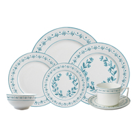 Service de vaisselle en céramique à motif floral turquoise, vaisselle de cuisine, assiettes décoratives, bol, tasse, soucoupe, compatible micro-ondes et lave-vaisselle