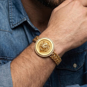 Bracelet en acier inoxydable, le plus tendance, double chaîne, tête de lion, en acier inoxydable doré, lourd, style gothique, maillons cubains - Product Image 6