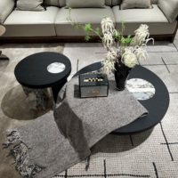 Ensemble de table basse moderne de luxe en bois noir avec incrustation de marbre naturel circulaire et base en marbre veiné pour salon