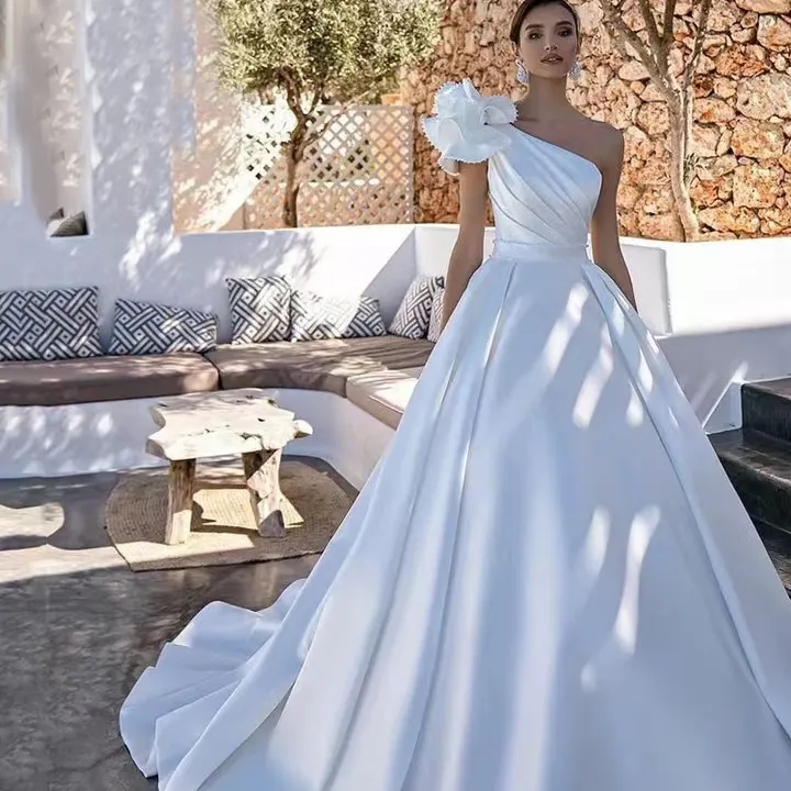 فستان زفاف جديد عالي الخصر من الساتان بكتف واحد فستان سهرة لوصيفة العروس