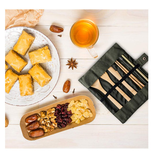 Customized eco-friendly <b>canvas</b> cutlery bags, picnic lunch stainless steel cutlery folding <b>roll</b> bags, colorful straw storage - Product Image 3