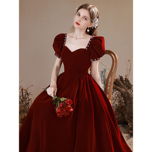 Bridal Wedding Dress Burgundy Velvet Puff Sleeve Princess Ball Gown Sweetheart Neckline Vintage Style for Toasting - Product Image 1