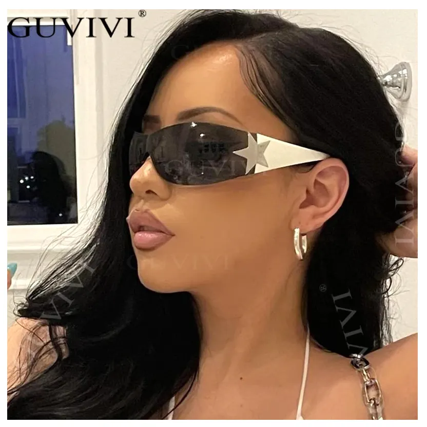Kacamata hitam Punk wanita, lensa satu potong bintang lima merek mewah UV400 Y2k