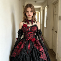 Vestido JSK Gótico Lolita Jacquard con Rosas Rojas y Negras, sin Mangas, con Tirantes, Disfraz de Cosplay de Anime, Traje para Actuación en Escenario