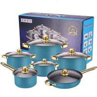 Set Perlengkapan Masak 12 pcs Panci dan Wajan Stainless Steel Desain Baru dengan Gagang Emas, Termasuk Panci Sup dan Panci Susu