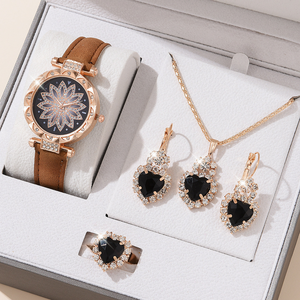 LP28 Ensemble <span class=keywords><strong>de</strong></span> <span class=keywords><strong>luxe</strong></span> quatre pièces pour <span class=keywords><strong>femme</strong></span> : collier, bague, boucles d'oreilles et montre-bracelet, orné <span class=keywords><strong>de</strong></span> strass, idéal pour la vente en gros et en stock - Product Image 6