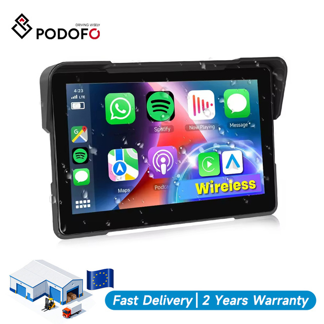Podofo 7 Inch Motorcycle Portable Carplay Screen Wireless Carplay /Android Auto Monitor IP67 Waterproof Airplay Android Cast BT
