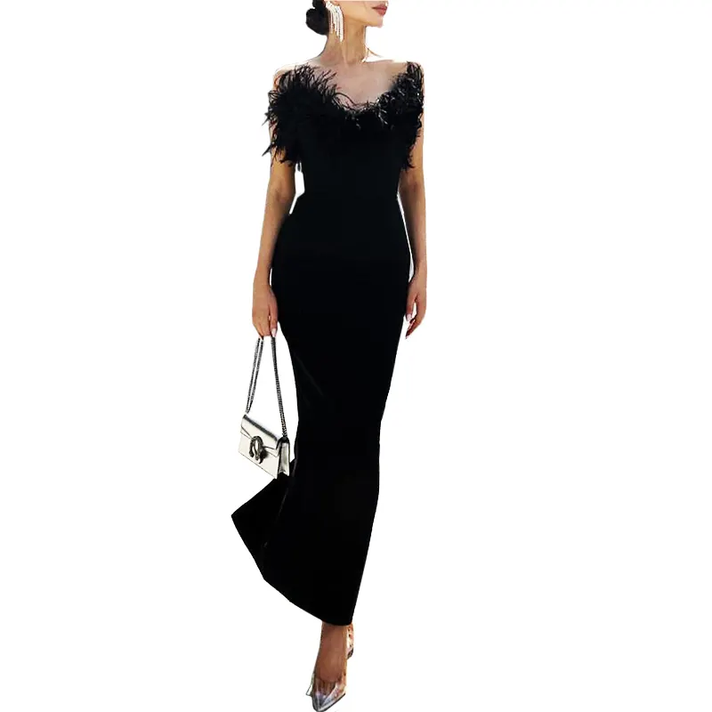 Hot rarking elegant sleeveless sexy backless long black evening gown with feathers