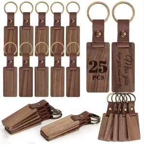Custom Engravable Wood Leather Keychain Genuine Beech Walnut Wooden Keyring Blanks DIY Gift Women Men Car Fob Purse Pendant