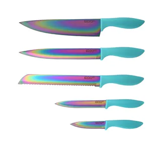عدد 5 قطع من سكاكين الشيف المختلفة للمطابخ المطلية بالتيتانيوم الملون مجموعة سكاكين ذات مقبض بلاستيكي
